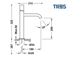 MEDIDAS MONOMANDO LAVABO CAÑO ALTO STUDY TRES GRIFERIA